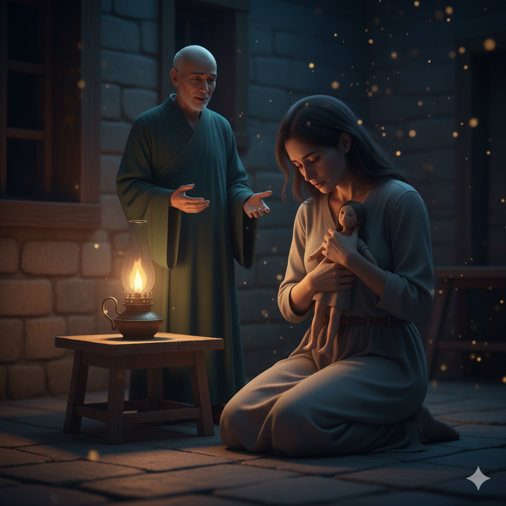 Quiet courtyard—monk arrives to console